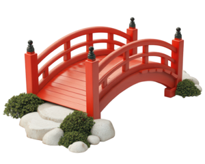 vibrant red Japanese garden bridge with curved railings, surrounded by stones and greenery, adds serene touch to any landscape