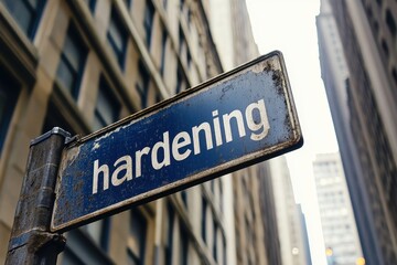 Fototapeta premium Close-Up View of a Weathered Street Sign with Text Against a Backdrop of Skyscraper Buildings in an Urban Cityscape During Daytime