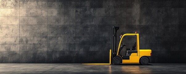 A bright yellow forklift parked against a textured grey wall in an industrial setting.
