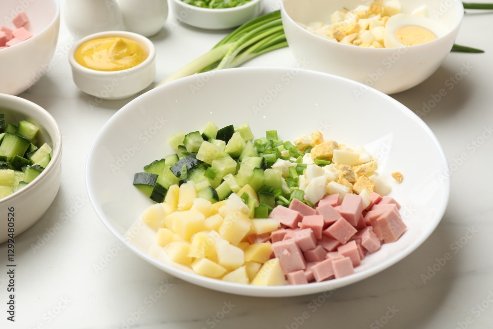 Poster Making okroshka soup. Different ingredients in bowl on white marble table, closeup