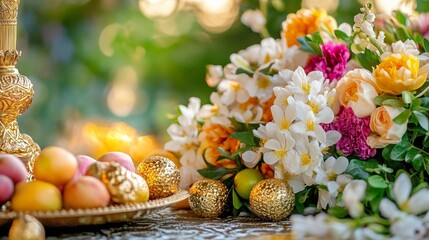 Vibrant Haft-Seen table with spring flowers, gold ornaments, and fresh fruits, celebrating Nowruz traditions and renewal.