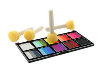 Bright face paint palette and sponges isolated on white