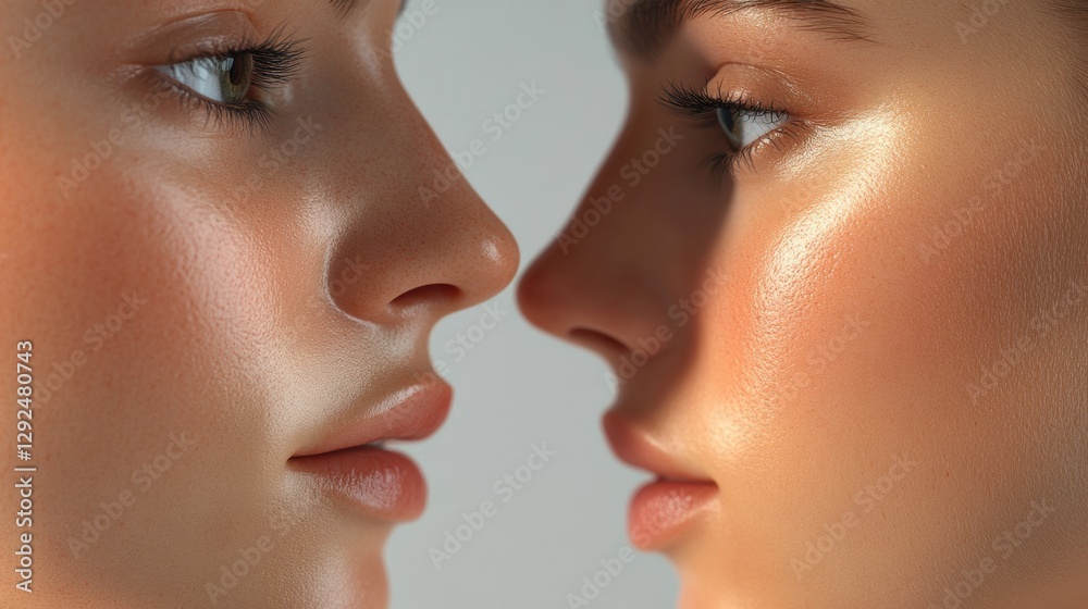Poster close up of a womans face showcasing contrasting skin textures and smoothness in a medical style pre