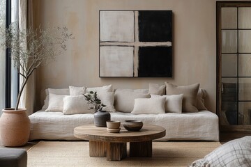 Cozy Minimalistic Living Room with Modular Sofa, Wooden Coffee Table, Abstract Art and Greenery