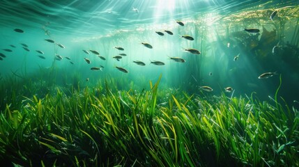 Fototapeta premium Underwater Serenity: Sunlit Seagrass Meadow with Fish
