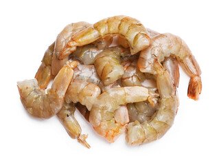 Fresh raw shrimps isolated on white, top view