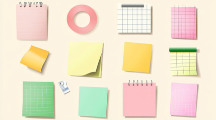 Memo note sticker paper attached with adhesive tape and paperclip. Realistic vector mockup set of empty notebook sheet with line, dots and checkered texture, yellow sticky writing stationery.