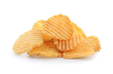 Pile of tasty ridged potato chips isolated on white