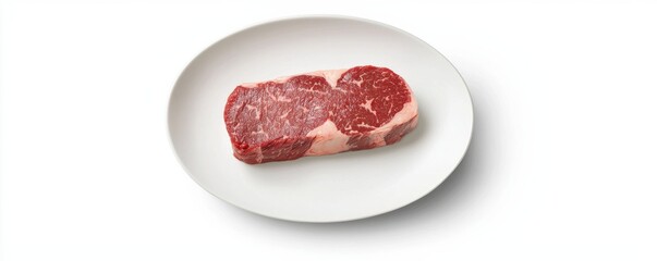 Obraz premium A fresh cut of marbled beef steak isolated on a white plate for culinary presentation.