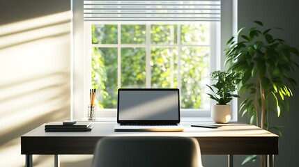 Minimalist home office setup with a sleek desk, modern laptop, and a potted plant, illuminated by natural light â€”ar 16:9