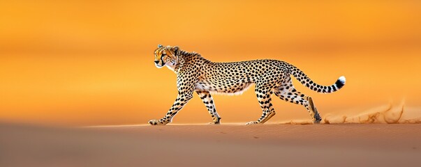 Obraz premium A graceful cheetah strides across the golden desert landscape at sunset.