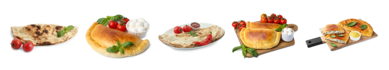 Different delicious calzones isolated on white, set