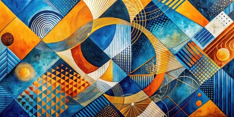 Naklejka premium Abstract Geometric Composition Vibrant Hues of Blue and Gold Intertwined in a Dynamic Pattern of Shapes and Lines