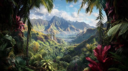 Lush Tropical Valley Landscape with Waterfall and Mountain View