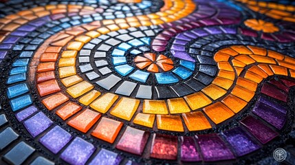 Fototapeta premium Colorful Mosaic Tile Art with Swirling Pattern and Glass Texture