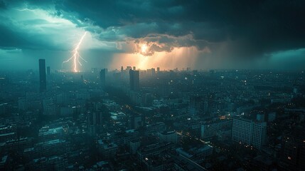 Fototapeta premium Dramatic Stormy Cityscape Aerial View with Thunder and Lightning Over Urban Skyline 8k 
