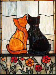 Stained glass depicting a black cat and an orange 