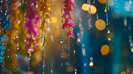 Vibrant floral garlands with water droplets, celebrating Thai Songkran Festival's festive and refreshing spirit.
