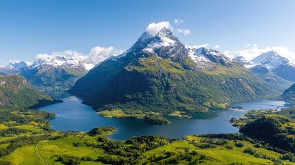 Fototapeta premium Panoramic view of snow-capped mountain, fjord, and valley