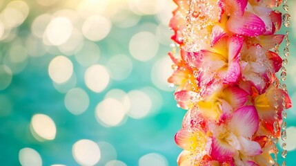 Vibrant floral garlands with water droplets, celebrating Thai Songkran Festival's festive and refreshing spirit.