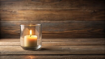 A single flickering candle within a clear glass holder rests on a rustic wooden surface, creating a serene and peaceful ambiance