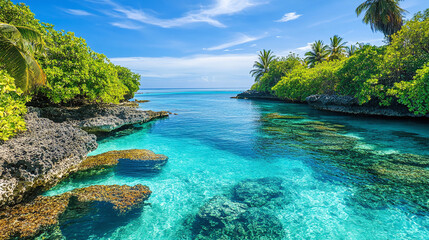 Fototapeta premium A serene tropical lagoon with turquoise waters, colorful coral reefs, and swaying palms, perfect for wellness and travel.