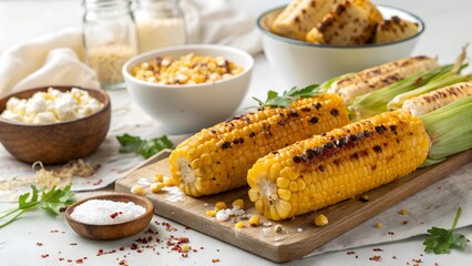 Grilled Corn Delight: A delectable assortment of grilled corn on the cob, artfully arranged with supporting ingredients, creating a mouthwatering tableau. 