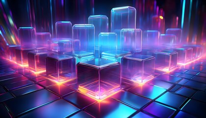 Obraz premium Abstract 3D Crystal Blocks in a Cyberpunk Lightscape, Colorful Glass Blocks with Neon Light Effects in 3D, Futuristic Neon Glass Cubes with Vibrant Reflections
