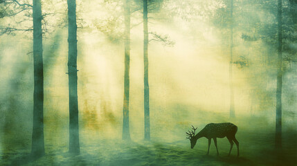 Deer Grazing in Mystical Forest
