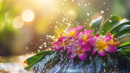 Vibrant water droplet on a floral headpiece, capturing the essence of joy and serenity.