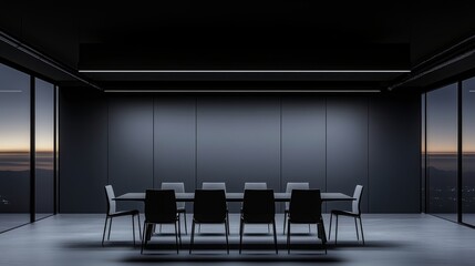 Modern meeting room with sleek table and chairs, embodying simplicity and professionalism in corporate design.

