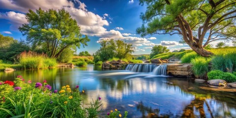 Fototapeta premium Serene River Scene with Lush Greenery, Cascading Waterfall, and Vibrant Wildflowers Under a Summer Sky