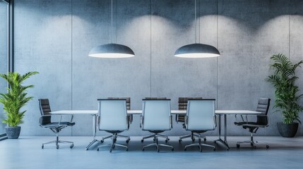 Modern meeting room with sleek table and chairs, embodying simplicity and professionalism in corporate design.
