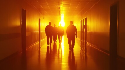 Silhouetted figures walk hospital corridor, bright light ahead, hope concept