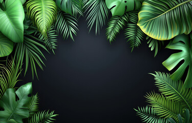 Lush green tropical leaves frame dark background, creating vibrant and serene atmosphere. Perfect for nature themed designs or backgrounds