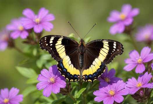 A black and yellow butterfly with a unique wing pattern perched on a purple flower