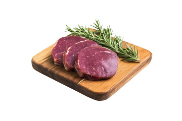 Fototapeta premium Three pieces of meat on a wooden cutting board with a bunch of rosemary, isolated