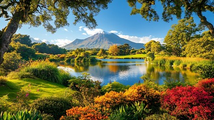 Naklejka premium Serene Autumn Lake and Mountain Landscape: A Vibrant Digital Painting AI Generated