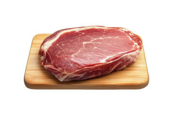 Piece of meat is on a wooden cutting board, isolated