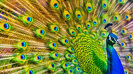 Obraz premium A vibrant close-up photo showcases a peacock displaying its iridescent tail feathers, capturing the bird's beauty and splendor