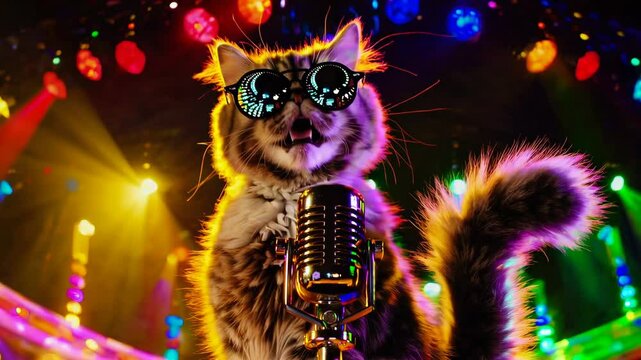 Cat wearing sunglasses singing in front of a microphone with colorful stage lights and vivid atmosphere. Entertainment and music show concept