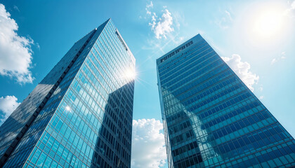 Fototapeta premium Two tall modern glass skyscrapers against a blue sky with white clouds