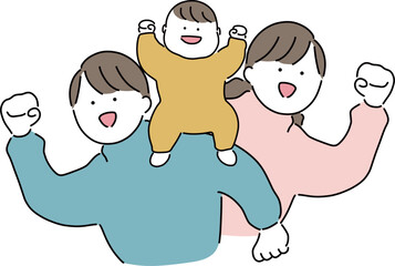 家族で「やったー！」_お父さん前