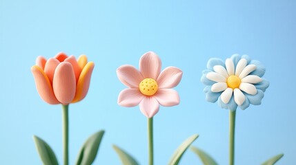 Fototapeta premium Floating Pastel Plasticine Flowers Against a Clear Blue Sky, Featuring Tulips, Daisies, and Roses in a Soft, Organic Style