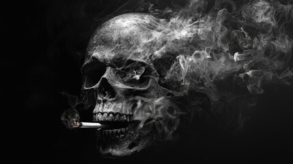 A human skull smokes a cigarette with smoky exhale