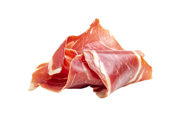 Piece of ham is sliced and placed on a white background, isolated