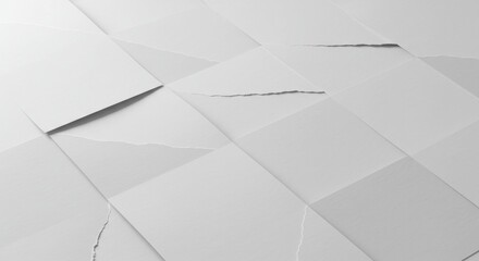 Textured white paper, torn edges, crumpled texture, abstract shapes, minimalist composition, soft shadows, subtle creases, grid layout