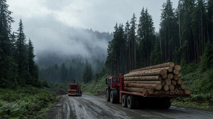 Two logging trucks transport timber through a misty forest landscape.