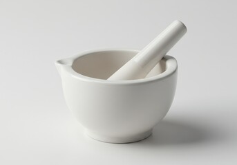 ceramic mortar and pestle, white porcelain, smooth texture, culinary tool, traditional kitchenware, pharmaceutical equipment, grinding herbs, soft lighting