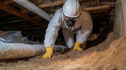 Worker crawls in crawl space wearing safety gear to inspect for issues or repairs.